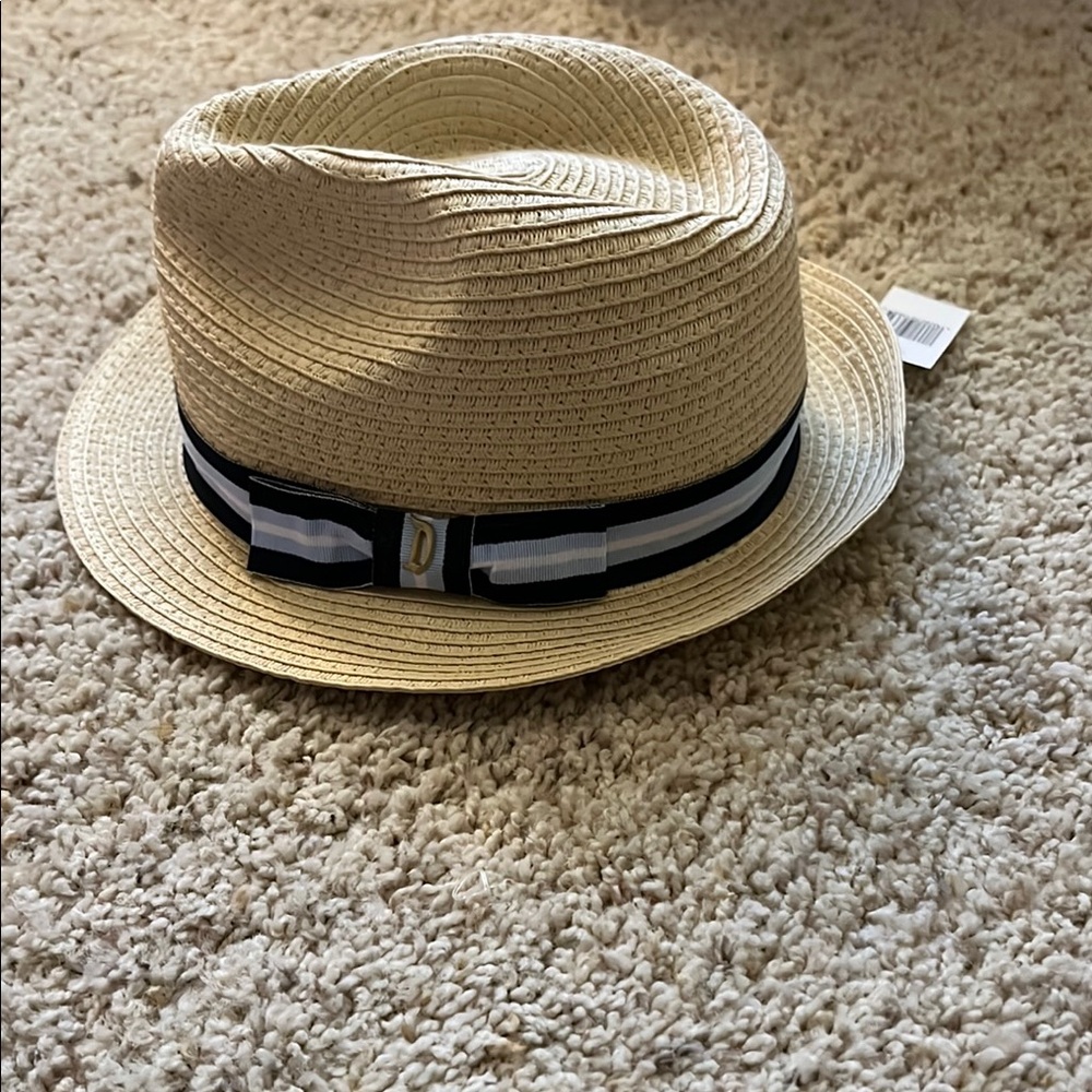 Stylish Tan Fedora with Navy Blue and White Band